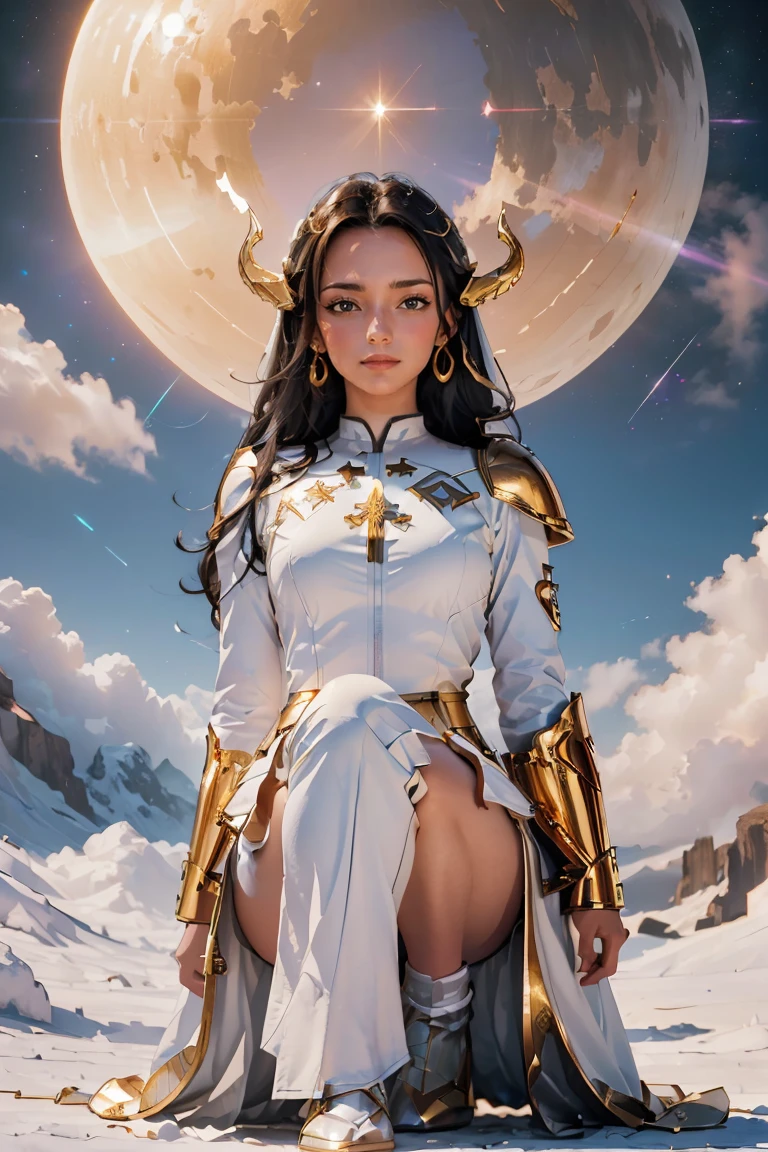 ((masterpiece, best quality, extremely detailed), volumetric lighting, ambient occlusion, colorful, glowing), 1girl, solo, young girl, (dark hair), long hair, halo, aura, sacred, goddess, cleric suit, (white outfit with gold detailst:1.3), armor, outdoors, sunset, sky, clouds, space, (fantasy theme:1.2), full body armor