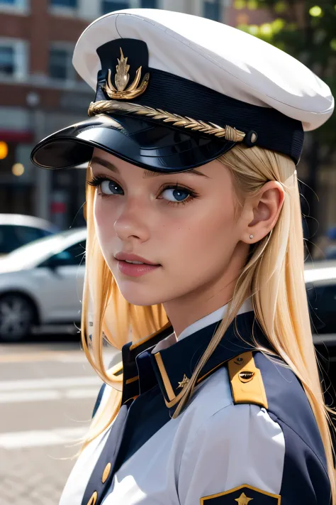 a girl, blond hair, uniform cap