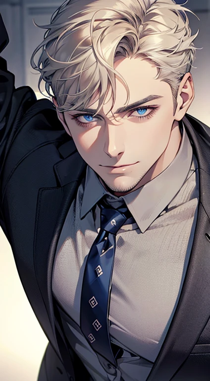 (best quality,4k,8k,highres,masterpiece:1.2),ultra-detailed,(realistic,photorealistic,photo-realistic:1.37),1 man,31 years old,mature man,very handsome,without expression,smile,short grey golden hair,blue eyes,penetrating gaze,perfect face without errors,imposing posture,businessman,office background,cinematic lighting,hdr image