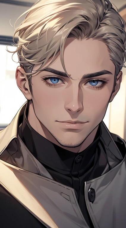(best quality,4k,8k,highres,masterpiece:1.2),ultra-detailed,(realistic,photorealistic,photo-realistic:1.37),1 man,31 years old,mature man,very handsome,without expression,smile,short grey golden hair,blue eyes,penetrating gaze,perfect face without errors,imposing posture,businessman,office background,cinematic lighting,hdr image