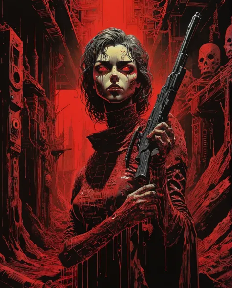 an illustration of a woman
holding a gun, in the style of
cyberpunk manga, masks and
totems, light black and red,
neon color pal...