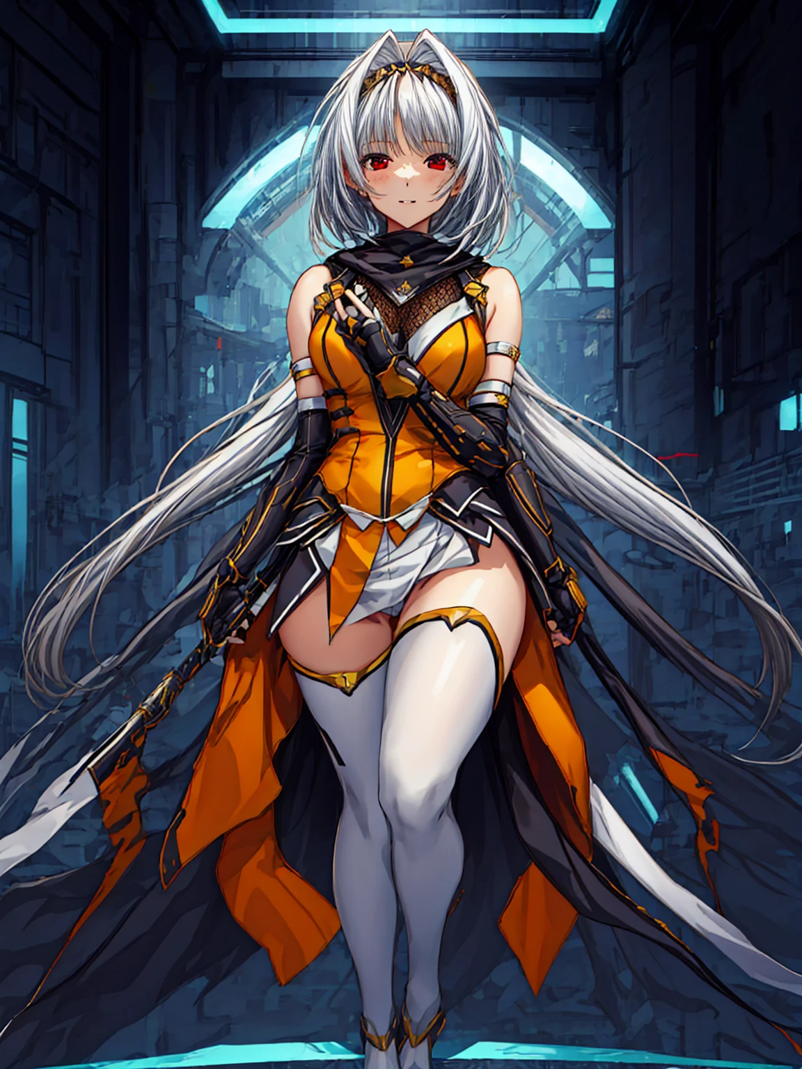 masterpiece, Highest quality, Anime Style,Official Art Beautiful Lighting, 1 Girl, bangs, (Inside a futuristic base:1.4), (full body:1.2), , masterpiece,Noise Reduction,perfect anatomy,high resolution, ultra-detailed,game cg,dutch angle ,beautiful detailed eyes,visualart,five fingers, perfect hands, perfect lighting,(cameltoe:1.3),red eyes,(Silver Hair:1.2),evil smile,takamori haruka, 1girl,ninja,neckerchief,empty eyes:1.6),microskirt,fingerless gloves, white skirt, white legwear, yellow dress,fishnets