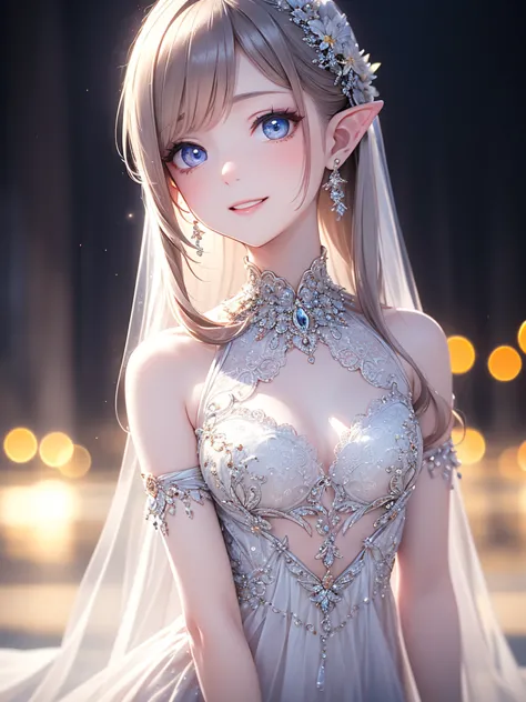 (master piece),(4k),high quality,flat chest,1girl,elf,long silver hair,pale skin,Dramatic makeup,smiling elegantly,beautiful det...