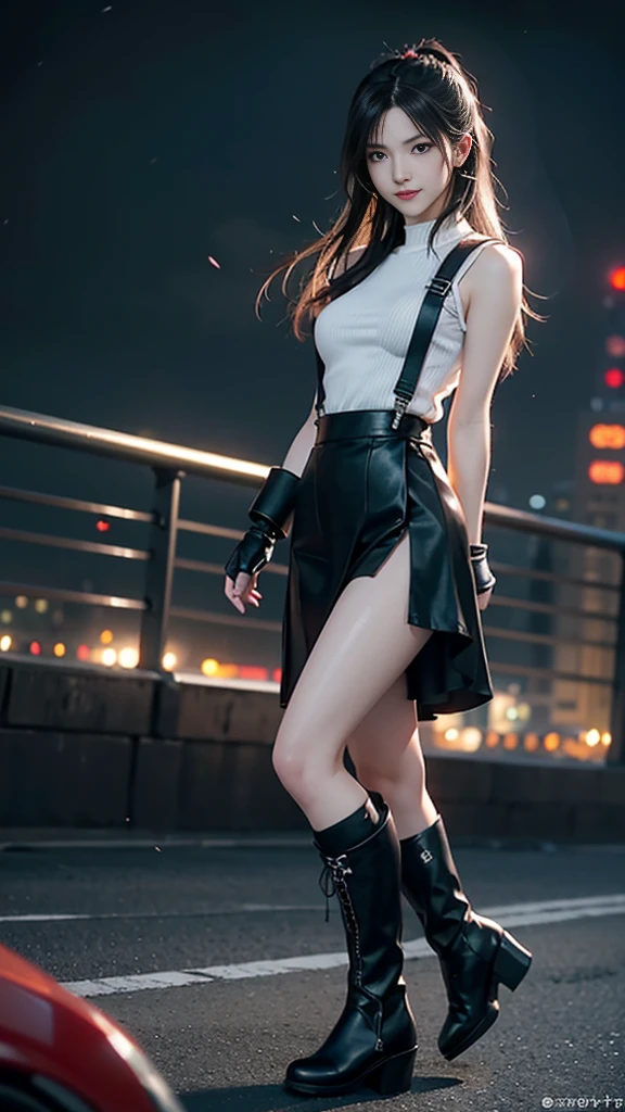 (8K, best quality, masterpiece: 1.2), (Practical, Reality: 1.37), Super Detail, A girl, Lovely, Solitary, (Tifa Lockhart), (Small Breasts), (漂亮的Eye), (Smile: 1.2), (closure), posture, dance, neon, city View, Depth of Field, Dark intense shadows, Clear focus, car, Motion Blur, 摩托car, Depth of Field, work, Glowing green, Final Fantasy VII, date, (nose brush), single Elbow pads, Ankle boots, Black Hair, Black skirt, black thighs, Red boots, Elbow gloves, Elbow pads, Fingerless gloves, Tight shirt, Good exercise, (suspender Black skirt), thigh, White vest, whole body, Headrest, Lips, Pretty Face, Low-tied long hair, (Red_Eye)), Flowers, (night: 1.3), complicated, Bokeh, light, Photon Mapping, Radiosity, Physically Based Rendering, (Tetsuya Nomura style)