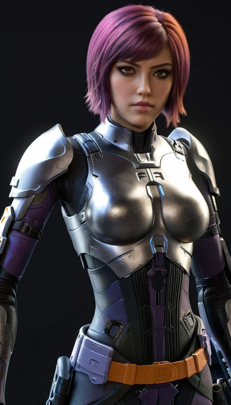 professional 3d model Cinematic scene, sabine wren, SILVER armor (HUGE BREASTS), Ghost in the Shell, detailed background, masterpiece, best quality, high quality, highres, absurdres . octane render, highly detailed, volumetric, dramatic lighting
