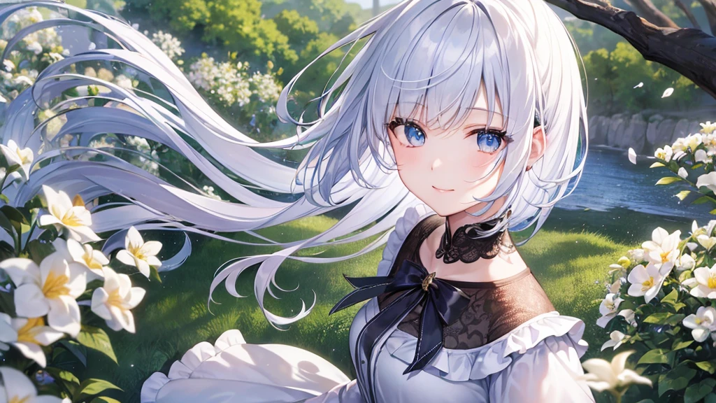 Ultra HD,Look at the viewers, Put your hands behind your back, With a girl, 20-year-old, 非常にShort Hair, Long bangs between the eyes, Pale blue eyes, hoodie, skirt , Very detailed,(masterpiece、Highest quality),Gray Hair、Laughter、Fantastic, Silver Hair, Iris,  Short hair、 Fluttering Hair、Small Face、明るいsmile、(Detailed face) ,Professional Lighting,Wonderful landscape,blue sky, sunlight,Looking down from above,Portraiture、Open your mouth、Flower Field、Her eyes were shining、Mysterious and enchanting atmosphere。With AI Painting、とてもShort Hair, Long bangs between the eyes, Very detailed,(masterpiece、Highest quality)、alone、Gray Hair、Fantasy, Silver Hair, Fantasyな風景、White shirt、smile、Open your mouth、short hair、Short Hair、hairpin、black eye、Grey Eyes、Beautiful Eyes、