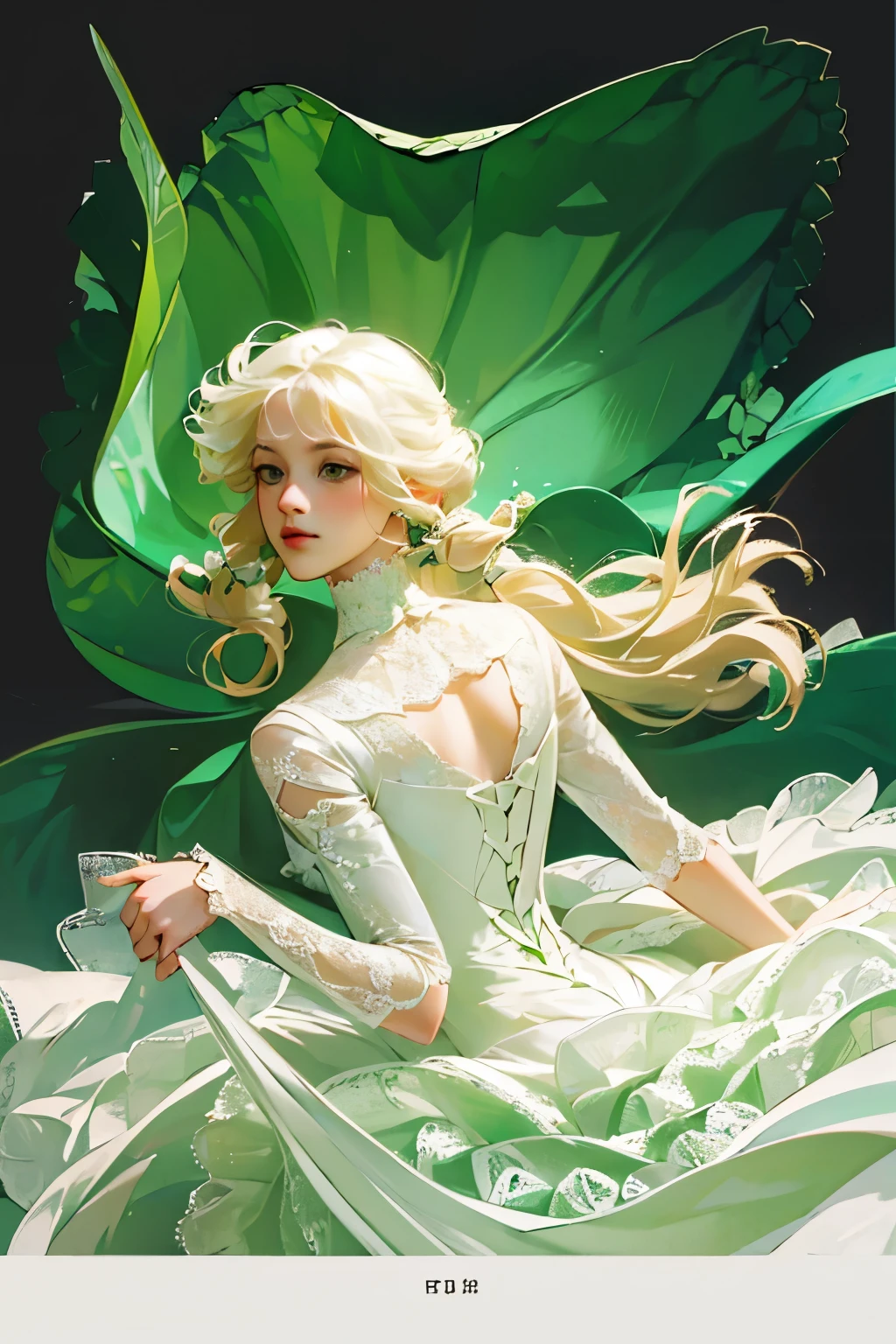 ((High quality work)), Simple and clean lines, The green dress and beautiful ruffled lace complement each other, Enriches the layering of the entire picture, Elegant Edwardian lace dresses and princess dresses add a lot of color to the character, Hands behind back gesture , It also shows the gentle and elegant side of women.