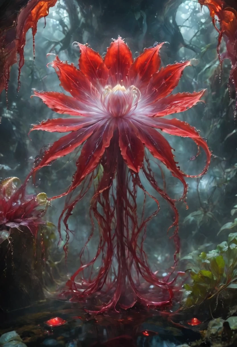 Magic plantloody ghost flower from the abyss, Ghost Flower,Blood-red tentacles stare at the dead，Enchantment，uncanny，terror，ezh