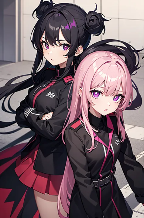 ten girls with black and red uniform and purple eyes with pink pupils.