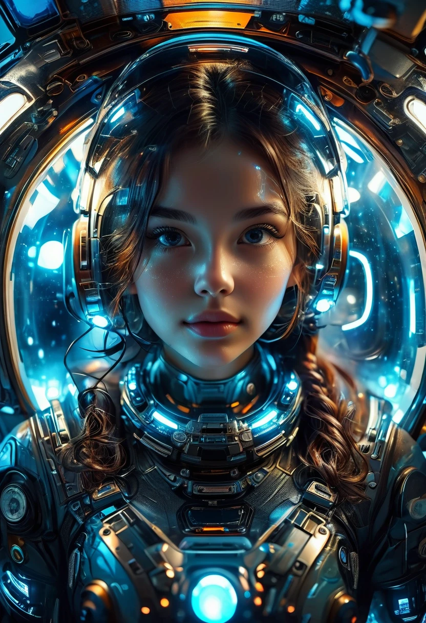 Future astronauts in space capsule, capacete de vidro，Beautiful face，control Panel, High-tech interior, Metal and glass materials, Atmospheric lighting, Dramatic composition, Intricate details, Reality, Concept art style