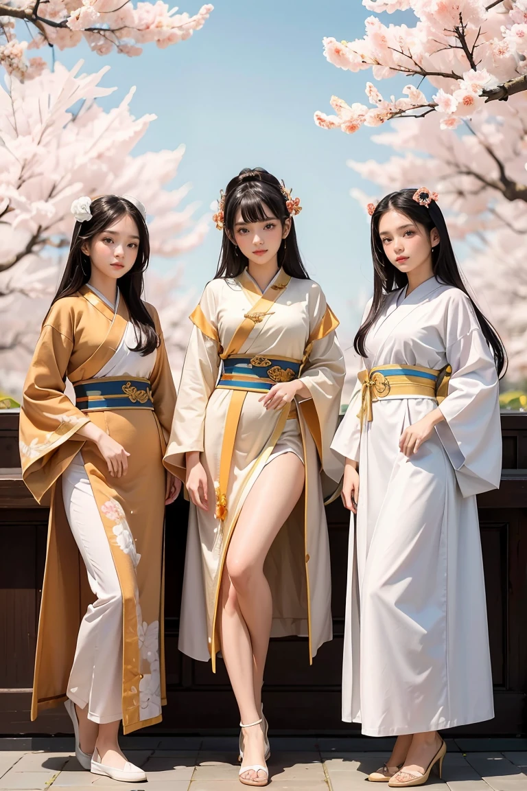 best quality, masterpiece, highres,3girls,Beautiful face,full body,chinese clothes,white Taoist robes,right hand hold sword with (Gorgeous ornamentation),peach trees,