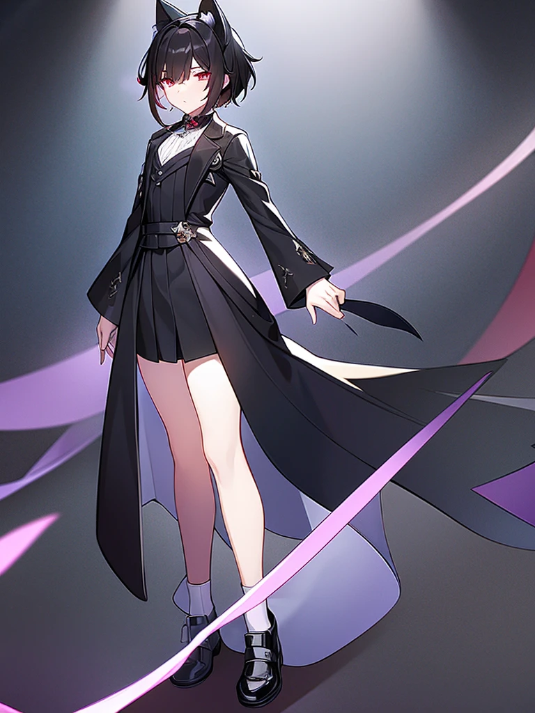girl, dressed in white long sleeves, with a black vest and knee-length black skirt, slightly narrow, red eyes, detailed eyes, long black socks, school shoes, has cat ears, has short black hair like a boy, but has a lot of hair, the sides of her hair stick out, she is a calm girl, short hair like boy, long black dress