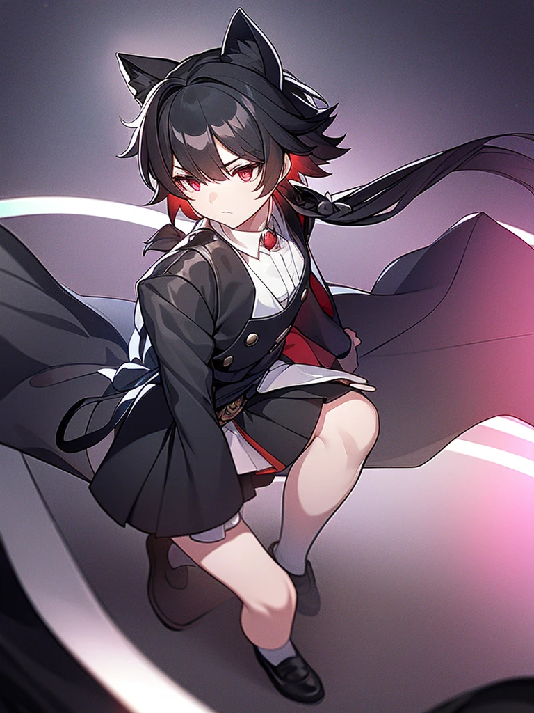 girl, dressed in white long sleeves, with a black vest and knee-length black skirt, slightly narrow, red eyes, detailed eyes, long black socks, school shoes, has cat ears, has short black hair like a boy, but has a lot of hair, the sides of her hair stick out, she is a calm girl, short hair like boy, long black dress