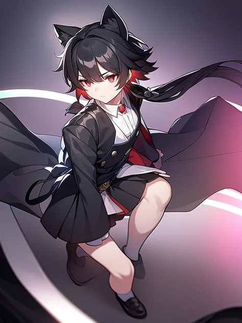 girl, dressed in white long sleeves, with a black vest and knee-length black skirt, slightly narrow, red eyes, detailed eyes, lo...