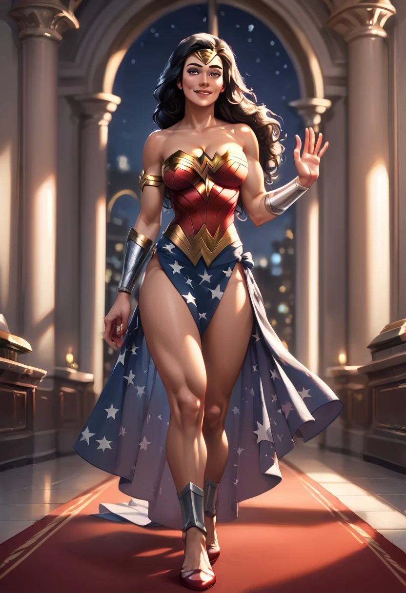 score_9, score_8_up, score_8_up, rating_explicit, source_comic, (high quality, detailed, beautiful), detailed soft lighting, 1girl, (Wonder Woman, black hair, flowing hair:1.1), beautiful eyes, open eyes, cleavage, at an awards night, walking the red carpet, smiling, waving, wearing a sexy evening dress.
