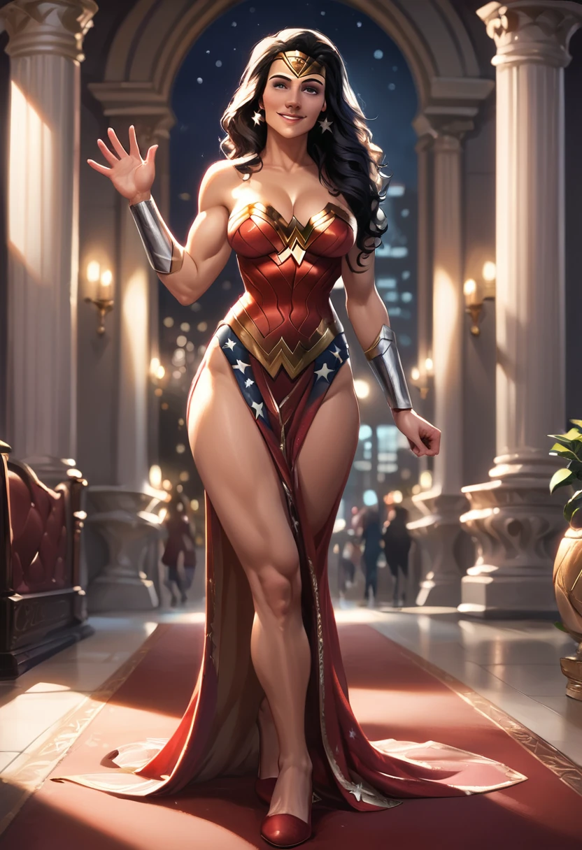 score_9, score_8_up, score_8_up, rating_explicit, source_comic, (high quality, detailed, beautiful), detailed soft lighting, 1girl, (Wonder Woman, black hair, flowing hair:1.1), beautiful eyes, open eyes, cleavage, at an awards night, walking the red carpet, smiling, waving, wearing a sexy evening dress.