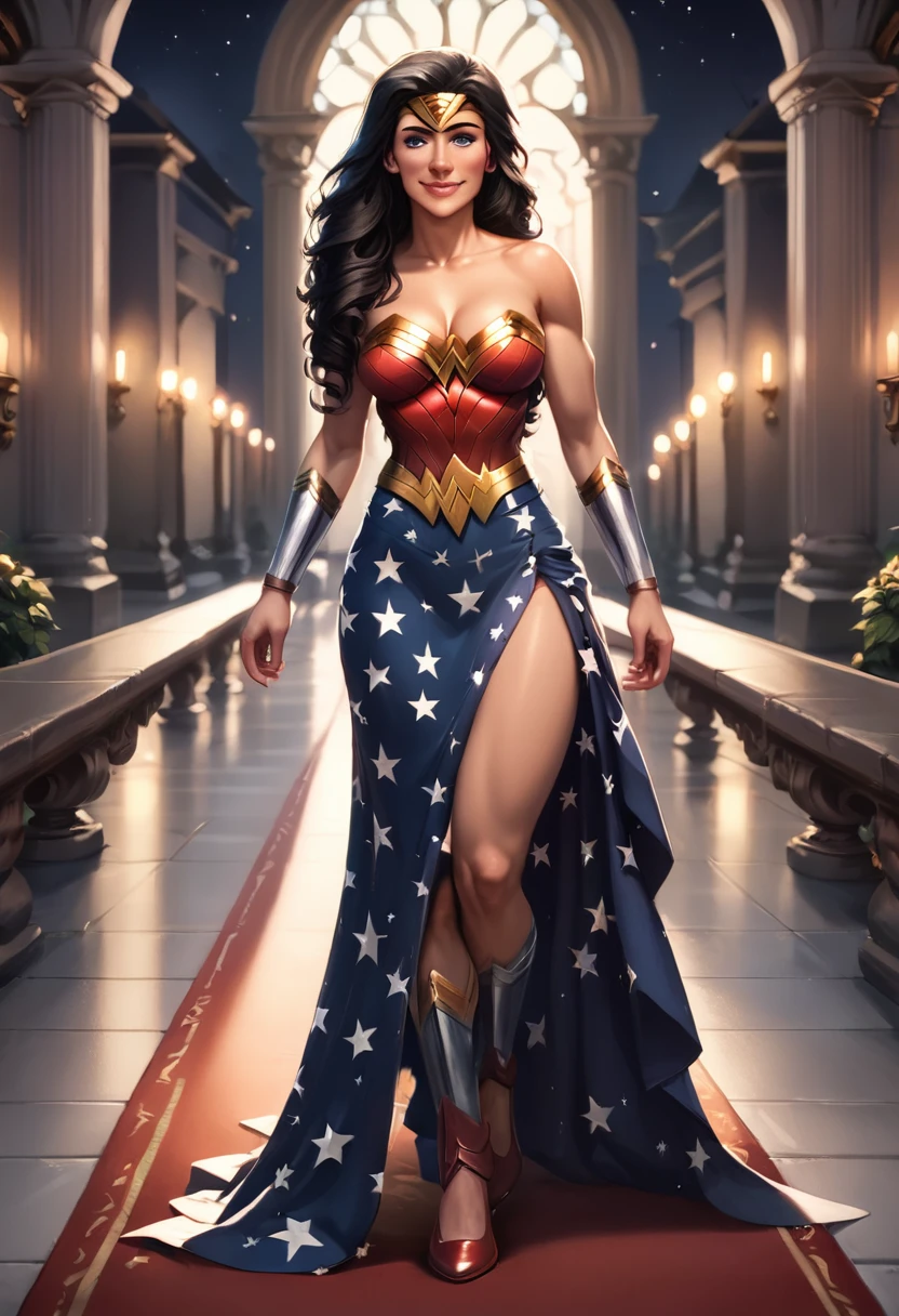 score_9, score_8_up, score_8_up, rating_explicit, source_comic, (high quality, detailed, beautiful), detailed soft lighting, 1girl, (Wonder Woman, black hair, flowing hair:1.1), beautiful eyes, open eyes, cleavage, at an awards night, walking the red carpet, smiling, waving, wearing a sexy evening dress.