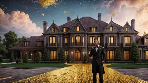 a man in front of a mansion full of gold coins falling from the sky, ultra detailed image, realism, 8k, hyper detailed skin, int...