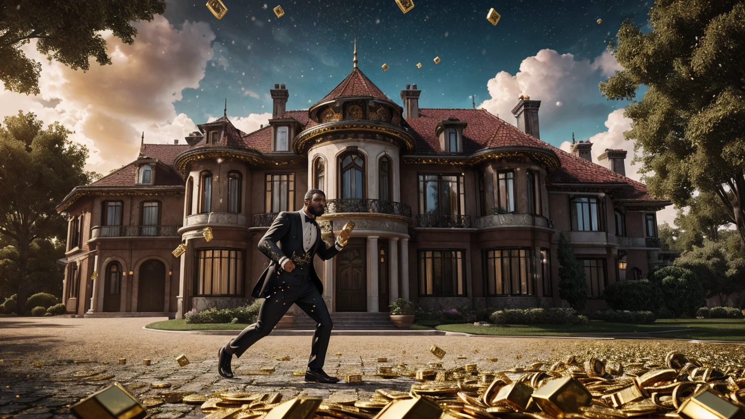 a man in front of a mansion full of gold coins falling from the sky, ultra detailed image, realism, 8k, hyper detailed skin, intense and vivid colors.
