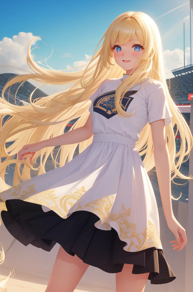 {{{masterpiece}}}, {very detailed CG}, amazing, in detail, alone, {{soccer stadium}}, sky, {{wind}}, detailed background, beautiful, transparent, {{{Football Jerseys}}}, bright eyes, {{whole body}}, dynamic pose, dynamic angle, split, looking at the viewer, Detailed clothes, beautiful 노을, enlargement, best quality, blonde long hair woman, {{beautiful}}, pretty, {laughing}