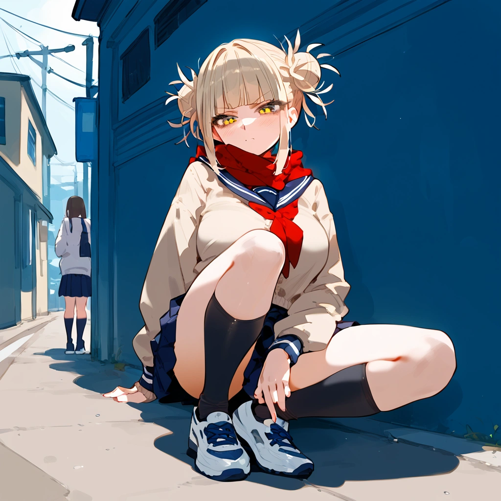 anime artwork, score_9, score_8_up, score_7_up, score_6_up, score_5_up, score_4_up, Himiko toga, big breasts, she is 24 years old, style_3, ,,, yellow eyes , , , , _, , Her usual outfit consists of a plain seifuku with a Kansai collar, both the skirt and the shirt dark blue with a double white trim, which is paired with a red scarf that she ties loosely below. Over this, she wears an oversized beige cardigan with a long hem and cuffs, and pockets on either side, the right one shown to hold a number of trinkets on either a keychain or a cellphone strap. She sports knee-length black socks and dark brown outdoor school shoes. sit