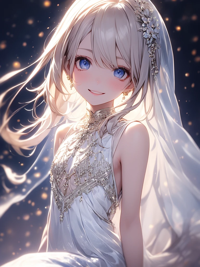 (master piece),(4k),(complete fingers),high quality,flat chest,1girl,pale skin,Dramatic makeup,smiling elegantly,beautiful detailed blue eyes,silky dress,((with white cloak)), (Highly detailed elegant),Fade out beautifully, Detailed skin,The background is soft and blurry,Add a dramatic and symbolic element to your scene, Depth of written boundary, Bokeh, Silky to the touch, Hyper Detail,sitting,in white beach,Brush strokes