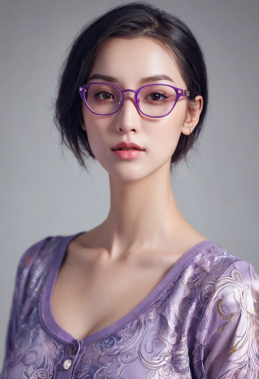 Un, douce jeune femme, cheveux courts en cuivre, tête entière, tUnd skin, beau visage, Grosses boucles d&#39;oreilles, Lunettes violettes, jean chemisier violet clair, tout le corps ultra hd, Réaliste, Couleurs vives, très détaillé, Dessin UHD, stylo et encre, composition parfaite, beautiful detailed intricately insanely detailed octane render tendance sur artstation, Photographie artistique 8k, lumière parfaite cinématographique volumétrique naturelle et douce. illustration de Cecily Mary Barker, charlie bowater, Greg Rutkowski, aquarelle, tendance sur artstation, netteté, photographie en studio, détails complexes, très détaillé, by Greg Rutkowski