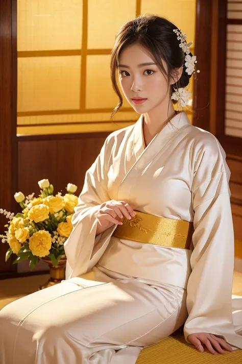 ,Beautiful white kimono、Cinematic atmosphere、Professional composition、Natural Body、fantasy,sitting in front of a golden screen、f...