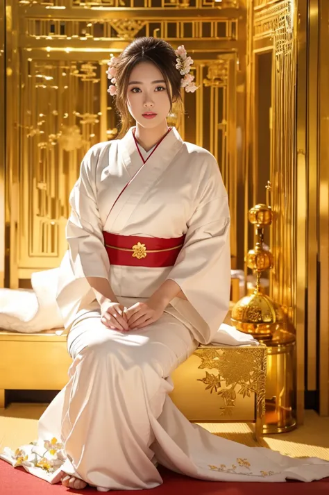 ,Beautiful white kimono、Cinematic atmosphere、Professional composition、Natural Body、fantasy,sitting in front of a golden screen、f...