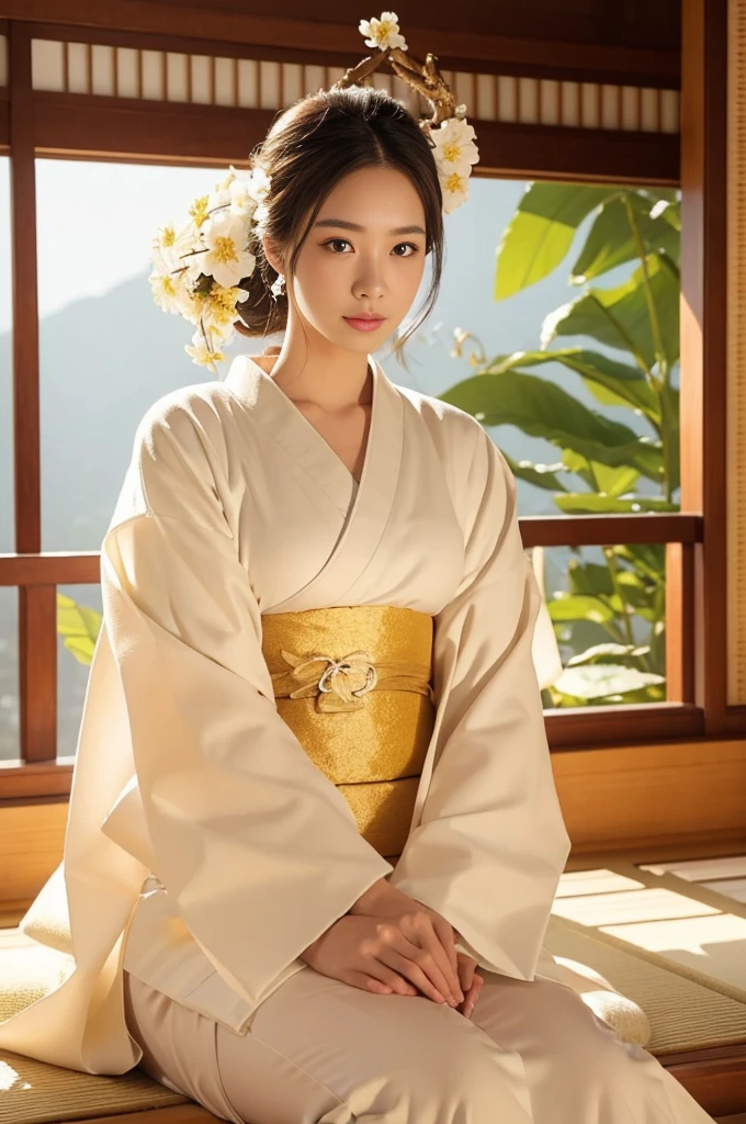 ,Beautiful white kimono、Cinematic atmosphere、Professional composition、Natural Body、fantasy,sitting in front of a golden screen、flower arrangement、tatami、looking at the camera