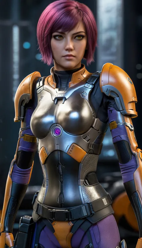 professional 3d model Cinematic scene, sabine wren, SILVER armor (HUGE BREASTS), Ghost in the Shell, detailed background, master...