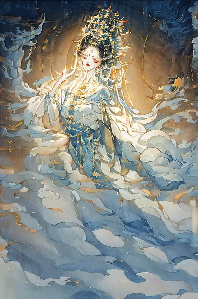 painting of a woman in a white dress with a blue cape, flowing white robes, ancient chinese goddess, goddess of light, guanyin of the southern seas, queen of the sea mu yanling, a beautiful fantasy empress, of ethereal fantasy, astral ethereal, ((a beautiful fantasy empress)), by Yang J, ethereal fantasy, inspired by Qiu Ying