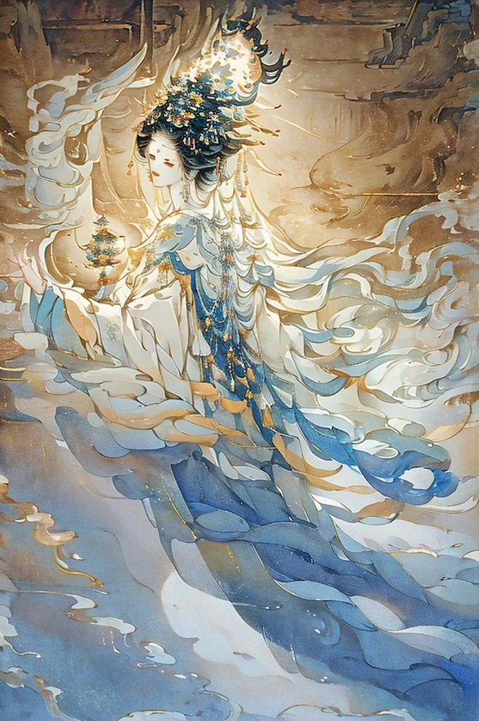 painting of a woman in a white dress with a blue cape, flowing white robes, ancient chinese goddess, goddess of light, guanyin of the southern seas, queen of the sea mu yanling, a beautiful fantasy empress, of ethereal fantasy, astral ethereal, ((a beautiful fantasy empress)), by Yang J, ethereal fantasy, inspired by Qiu Ying