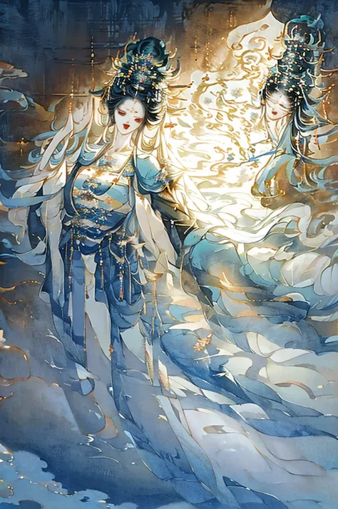 painting of a woman in a white dress with a blue cape, flowing white robes, ancient chinese goddess, goddess of light, guanyin o...