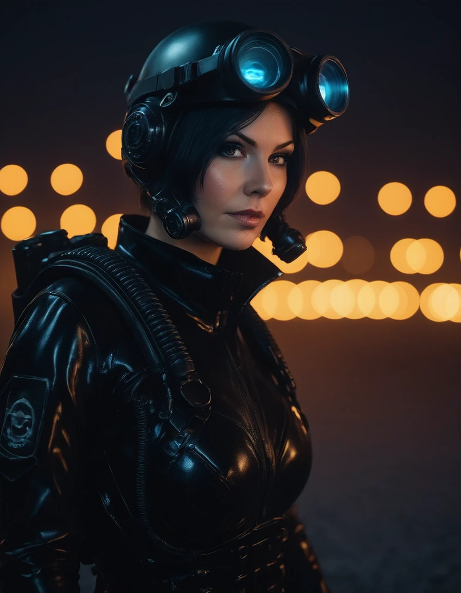 cinematic photo portrait of (((ohwx woman))) by greg rutkowski, she is about 30 years female wearing black tactical gear of the galactic triun Digital Art. In style anime trending on artstation deviantart pinterest detailed realistic high resolution hd 8k in color with gen accents sharp focus illustration painting unreal engine 5 award winning photography cinematic lighting chiaroscuro dramatic light painted portrait digital steampunk cyberpunk city neon lights fireflies dark background concept. 35mm photograph, film, bokeh, professional, 4k, highly detailed