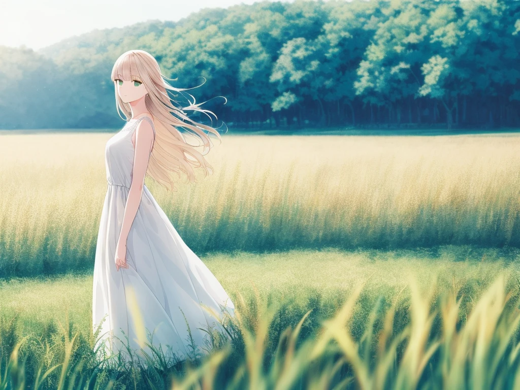 (((hair bangs))) 1 woman, blonde hair, scenery, grass field, solo, focus, long hair, medium breast, dress, long hair,green eyes, white clothes, black skirt, long skirt, (((pretty woman))), elegant woman, white background, scenery, mature, adult 