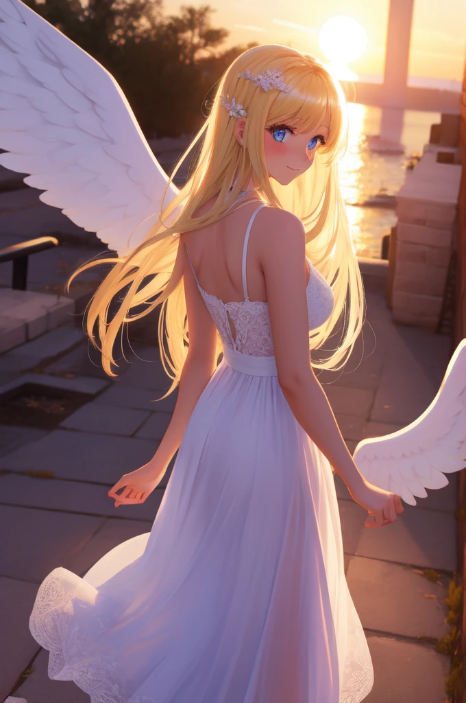 {{{masterpiece}}}, {very detailed CG}, amazing, in detail, alone, {{beautiful 풍경}}, sunset, {{wind}}, detailed background, beautiful, nipple, panties, Sheer mesh dress, bright eyes, {{whole body}}, dynamic pose, dynamic angle, looking at the viewer, Detailed clothes, beautiful sunset, enlargement, best quality, blonde long hair woman, {{beautiful}}, pretty, {laughing}, {{with angel wings}}, halo, shiny