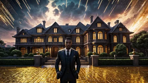 a man in front of a mansion full of gold coins falling from the sky, ultra detailed image, realism, 8k, hyper detailed skin, int...