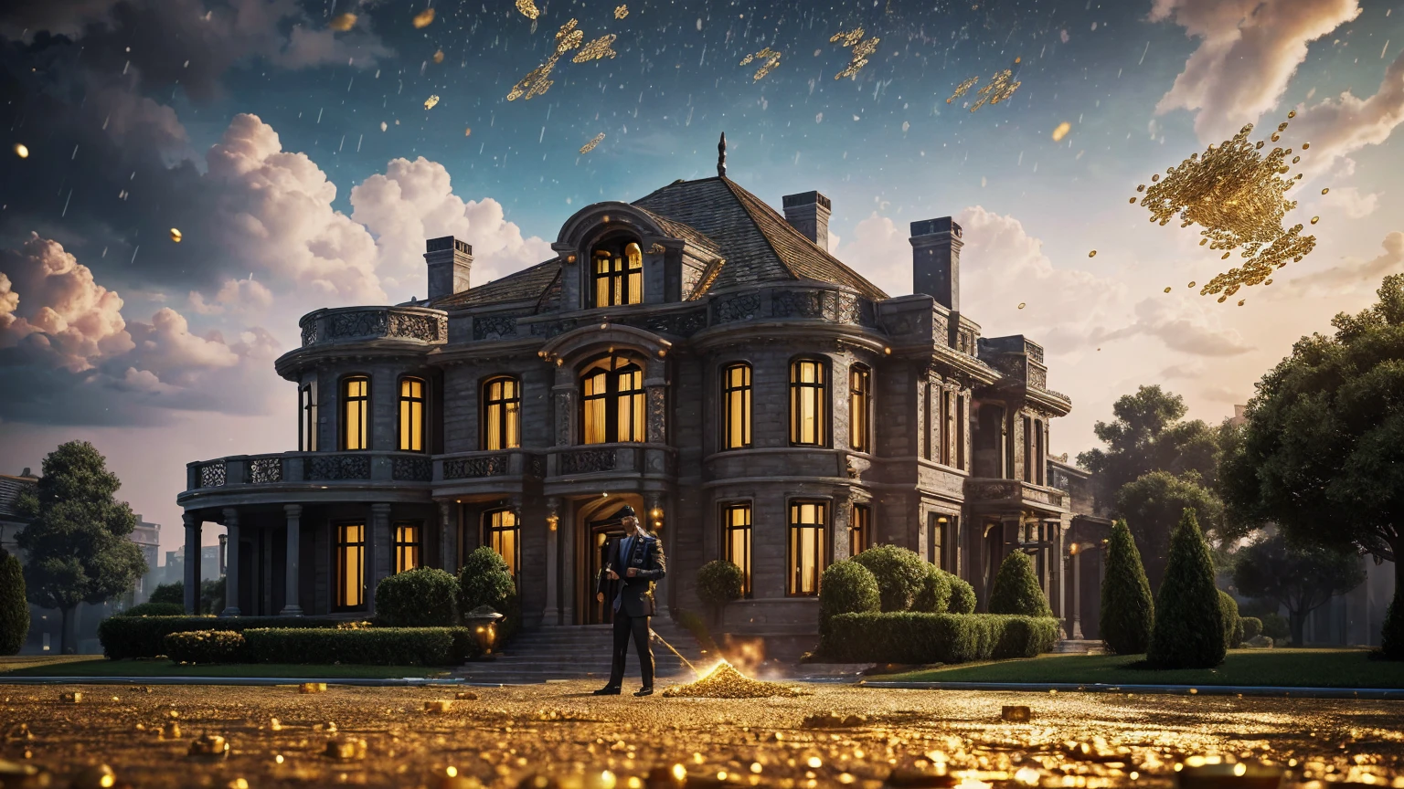 a man in front of a mansion full of gold coins falling from the sky, ultra detailed image, realism, 8k, hyper detailed skin, intense and vivid colors.
