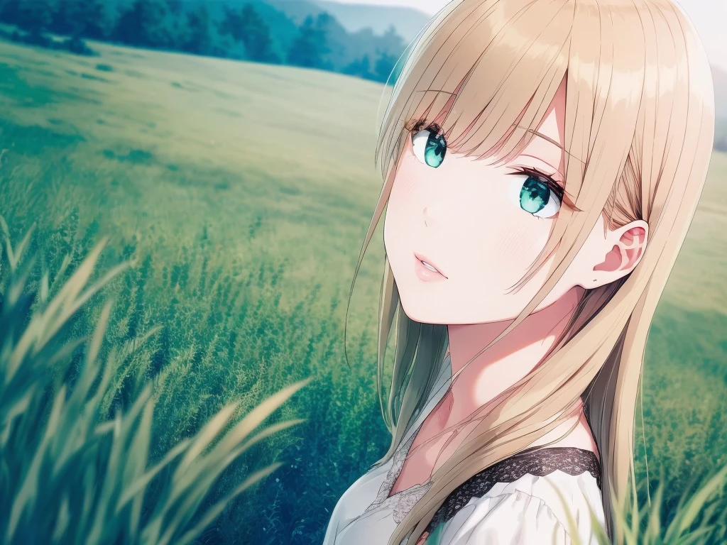 A beautiful woman with blonde hair bangs, standing in a grassy field, focused and elegant, wearing a long white dress and black skirt, with long flowing hair and green eyes, against a white background, (best quality,4k,8k,highres,masterpiece:1.2),ultra-detailed,(realistic,photorealistic,photo-realistic:1.37), beautiful detailed eyes, beautiful detailed lips, extremely detailed eyes and face, long eyelashes, portrait, landscape, cinematic lighting, warm color tones