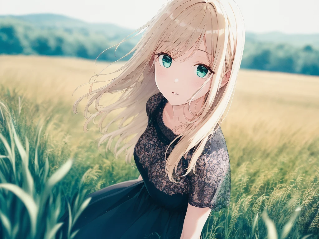 A beautiful woman with blonde hair bangs, standing in a grassy field, focused and elegant, wearing a long white dress and black skirt, with long flowing hair and green eyes, against a white background, (best quality,4k,8k,highres,masterpiece:1.2),ultra-detailed,(realistic,photorealistic,photo-realistic:1.37), beautiful detailed eyes, beautiful detailed lips, extremely detailed eyes and face, long eyelashes, portrait, landscape, cinematic lighting, warm color tones