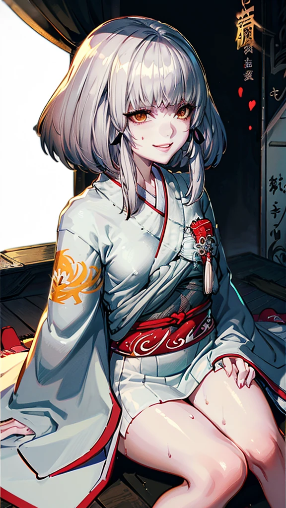 masterpiece, One girl, Shiragiku(FATAL FRAME: Maiden of Black Water), Highest quality, Beautiful attention to detail, Perfect Face, Super detailed, Yellow Eyes, Long Hair, Gray Hair, Tight Micro Dress, Large areola, Grin, smile, Tempting, Sweaty, Sexy lips, front, Sitting, Blowjob gestures, Small breasts,