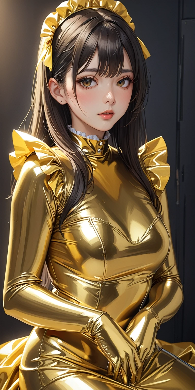 Portraiture、(masterpiece,Highest quality,Ultra-high resolution),Japanese women, (((Very beautiful 25 year old girl))),(Golden Latex Maid Clothing)、((Golden latex long skirt))、(A long-sleeved gold latex shirt covering the upper body)、Golden latex gloves、Golden latex tights、Latex bodysuit、Frills、The clothes fit snugly to the body、Latex is very shiny、Dark Room、