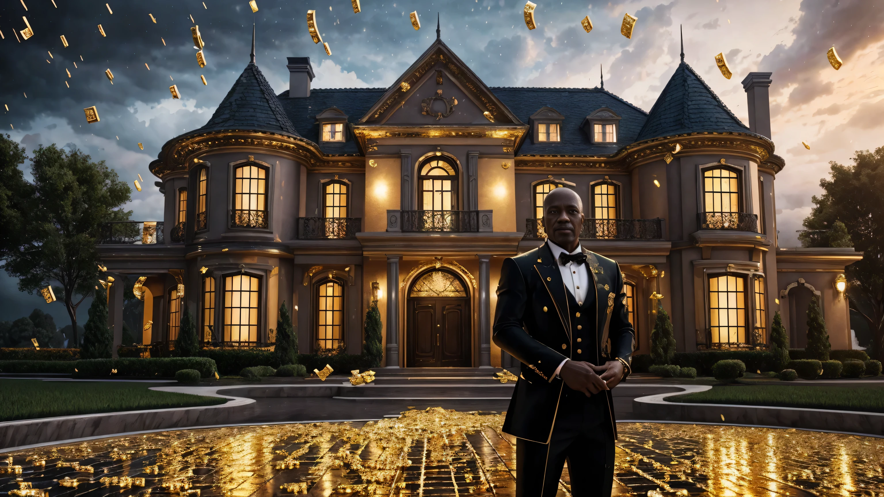 a man in front of a mansion full of gold coins falling from the sky, ultra detailed image, realism, 8k, hyper detailed skin, intense and vivid colors.
