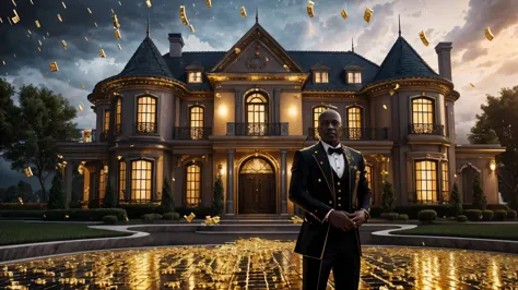 a man in front of a mansion full of gold coins falling from the sky, ultra detailed image, realism, 8k, hyper detailed skin, int...