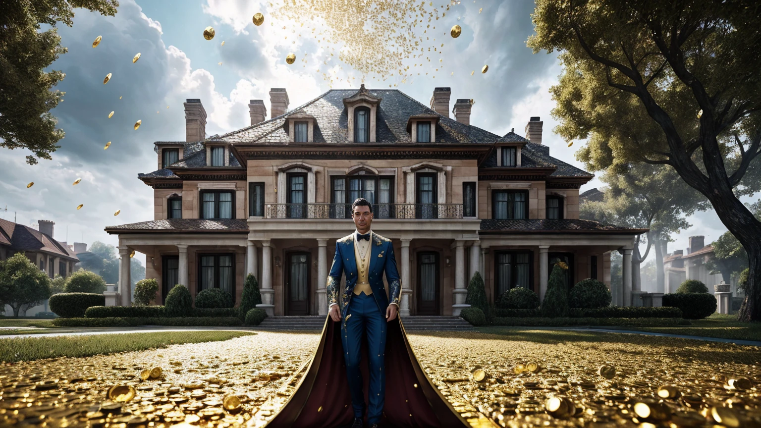 a man in front of a mansion full of gold coins falling from the sky, ultra detailed image, realism, 8k, hyper detailed skin, intense and vivid colors.
