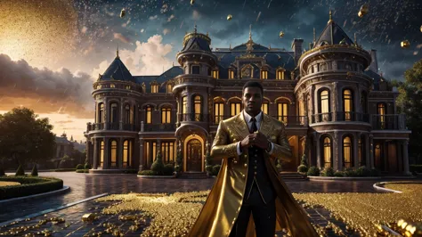 a man in front of a mansion full of gold coins falling from the sky, ultra detailed image, realism, 8k, hyper detailed skin, int...