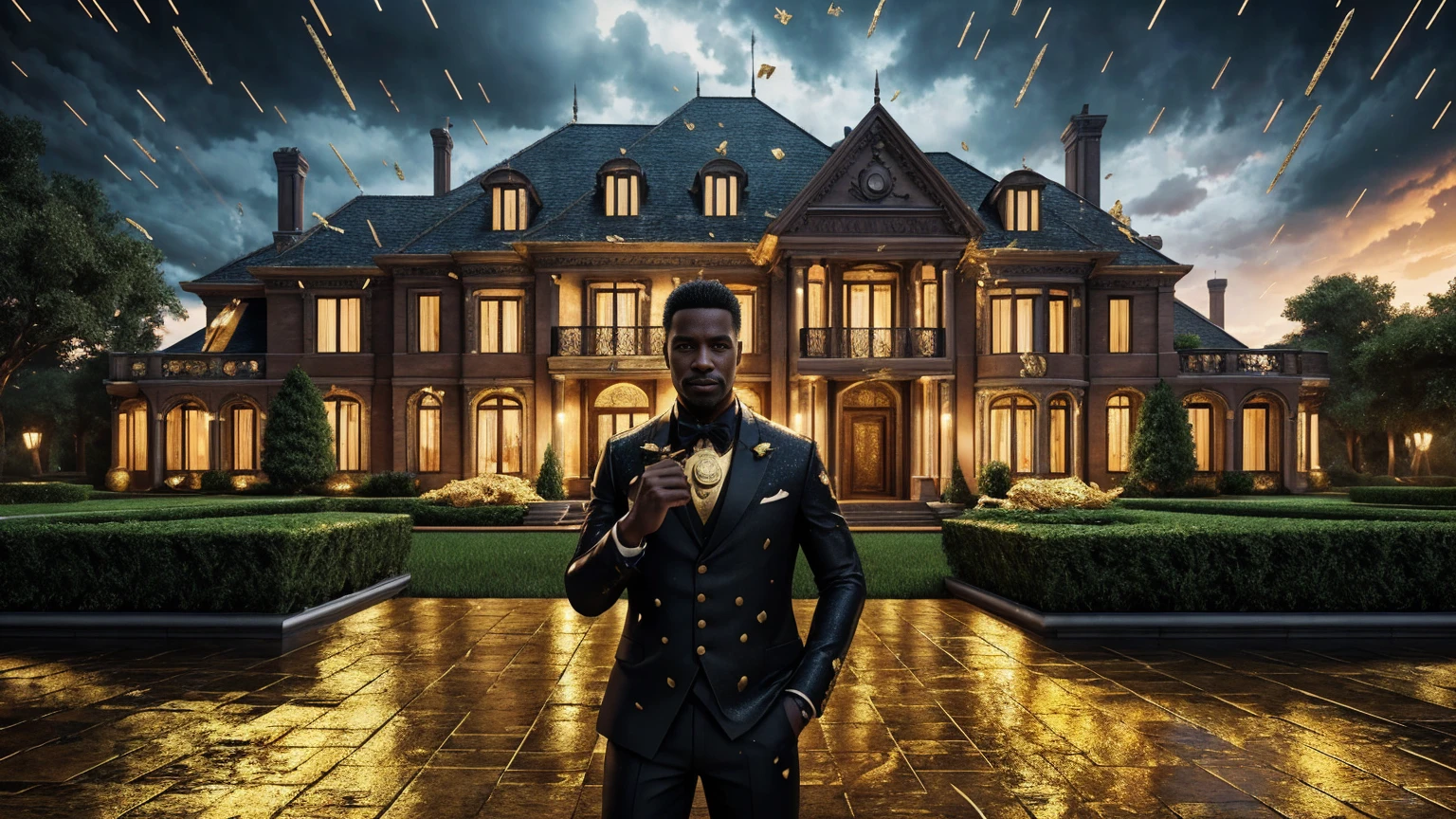 a man in front of a mansion full of gold coins falling from the sky, ultra detailed image, realism, 8k, hyper detailed skin, intense and vivid colors.
