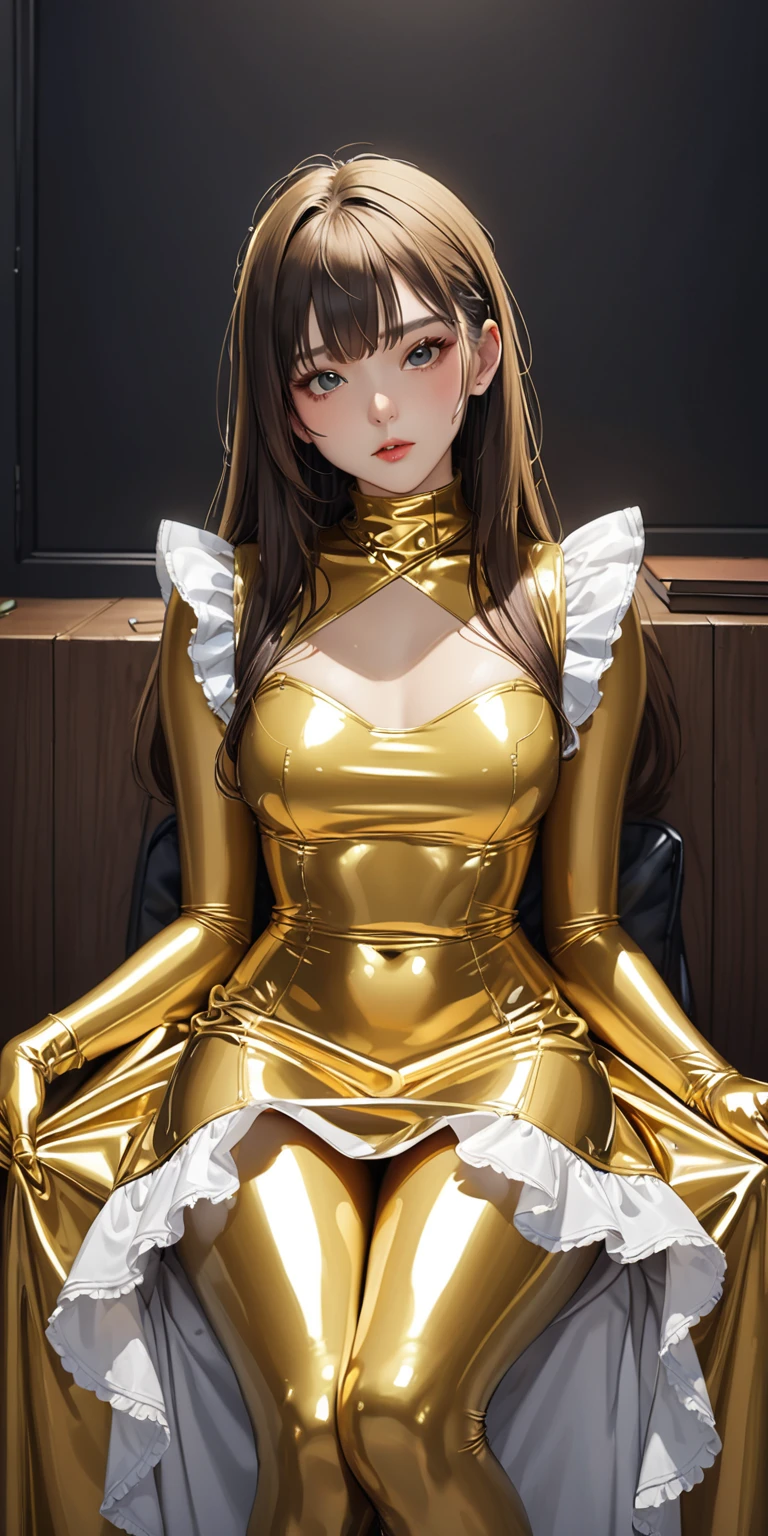 Portraiture、(masterpiece,Highest quality,Ultra-high resolution),Japanese women, (((Very beautiful 25 year old girl))),(Golden Latex Maid Clothing)、((Golden latex long skirt))、(A long-sleeved gold latex shirt covering the upper body)、Golden latex gloves、Golden latex socks、Golden Latex Bodysuit、Frills、The clothes fit snugly to the body、Latex is very shiny、Dark Room、