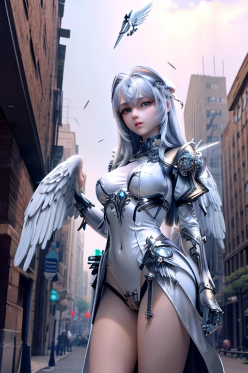 (In the city in ruins, null, midi),, ((silver mechanical female angel)), big wings of light:1.8, Giant sword, shiny metal body:1.8, heroic, work of art:1.8, highest quallity:1.8, detailed and beautiful eyes, (Highly detailed CG unit:1.8), 8 k wallpaper,